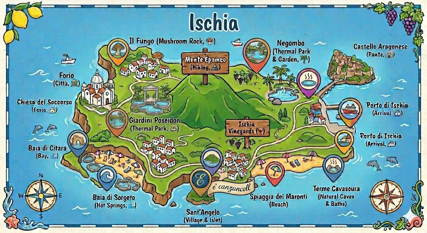Mappa illustrata dell'Isola d'Ischia con il pin 'e' canzuncell' a Sant'Angelo
